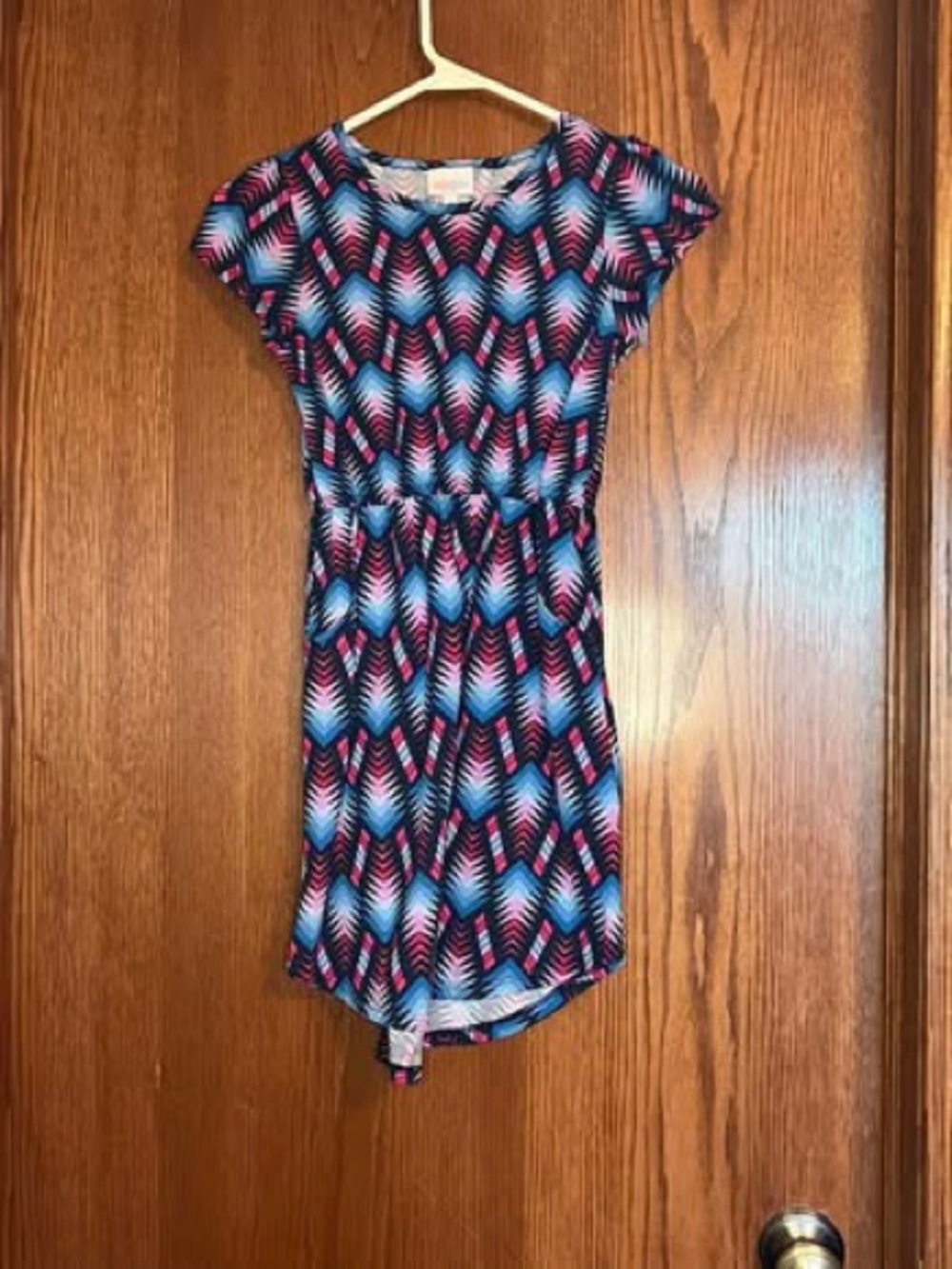 LuLaRoe Girls Pink & Blue Chevron Cap-Sleeve Dress